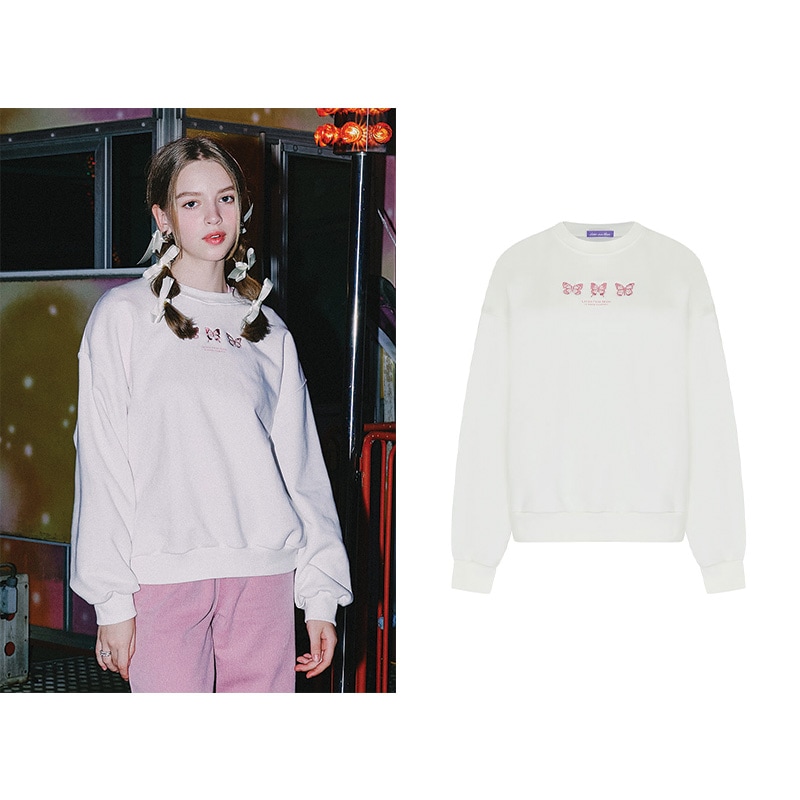 トリプルバタフライ エンブロイドスウェット Tシャツ (アイボリー) 韓国人気ファッション 2022韓国正規品 大学生ファッション