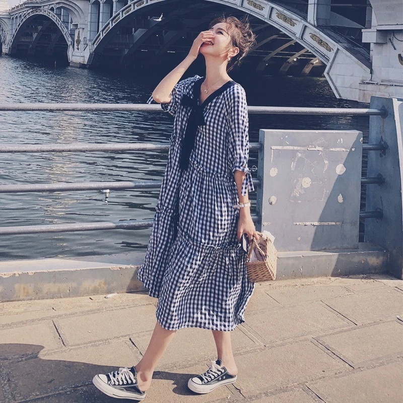 ギンガムチェックティアードワンピース ワンピース ティアードワンピース 膝丈 ひざ丈 膝下 袖あり 半袖 パフスリーブ Vネック フレア リボン バックリボン かわいい 大人可愛い きれいめ 7,282円