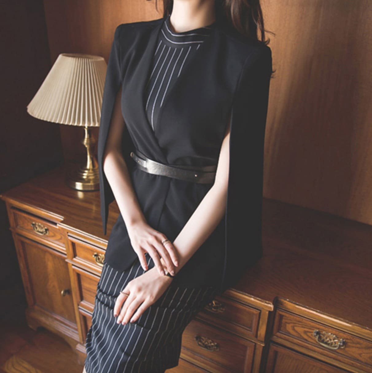 アウター ワンピース デート かわいい 大人可愛い きれいめ シンプル カジュアル 大人 上品 セット 羽織 無地 エレガント ストライプ 膝丈 ハイネック オフィス 通勤 タイト ブラック 2XL