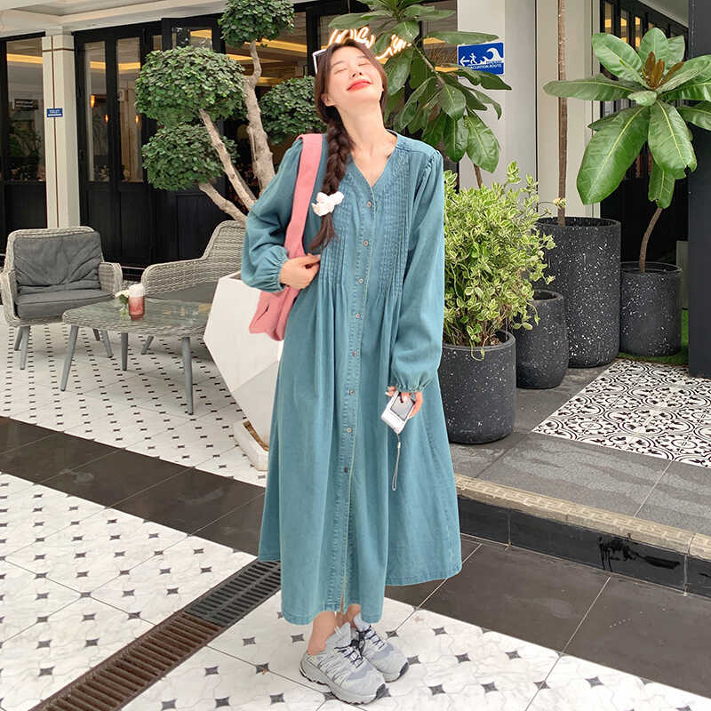ロングワンピース 韓国ファッション 体型カバー ファッション レディース 夏 春 ロング レディース ゆったり 高級感 復古 人気新作短納期 INS風 デニムワンピース ワンピース 韓国 L09