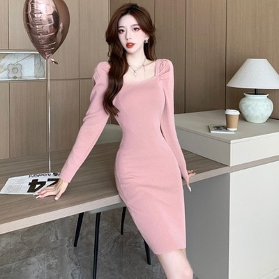 ワンピース デート ワンピドレス ショート ショート丈 袖あり 長袖 スクエアネック スリム タイト 細身 かわいい 大人可愛い きれいめ シンプル カジュアル 大人 上品 おしゃれ お洒落 主役級