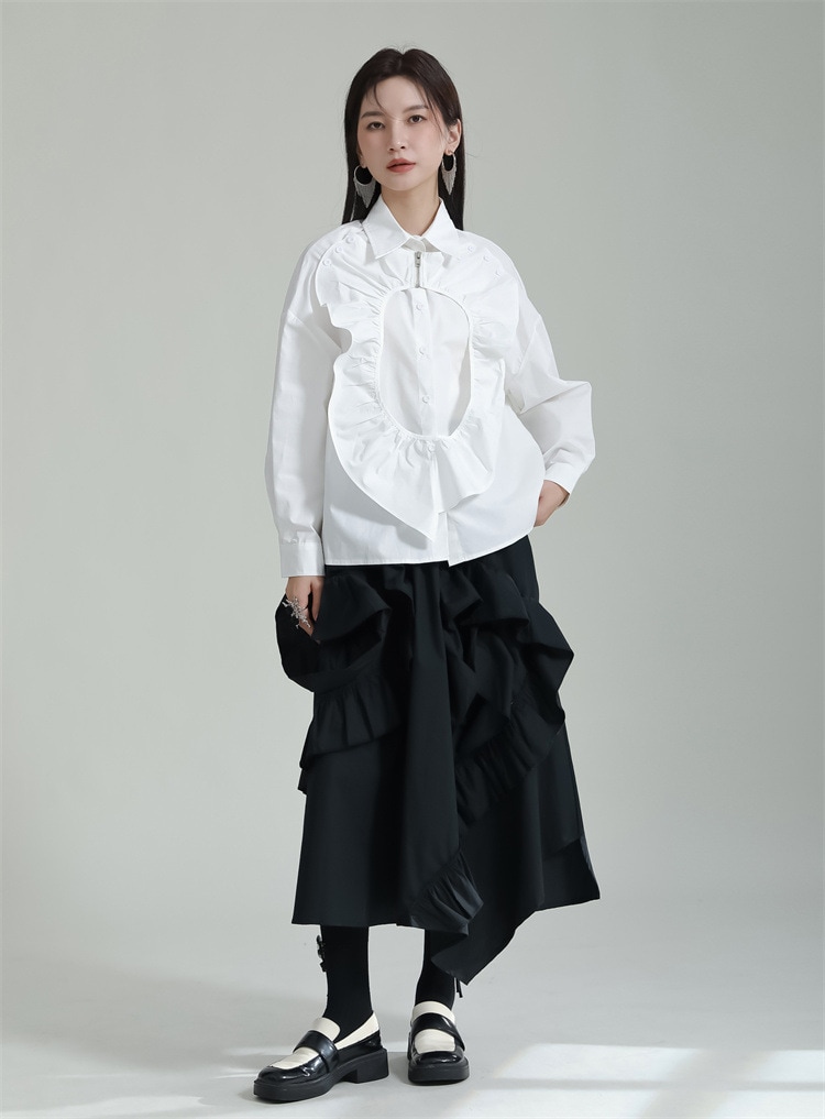 シャツ ブラウス フリル ボタン デザイン 個性的 長袖 ホール ジップ シンプル 春 TKOR0020
