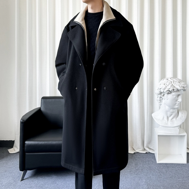 ファインフェイクツーピーストレンチコートメンズ2024秋と冬アメリカンレトロハイエンドミッドレングスフード付きコート