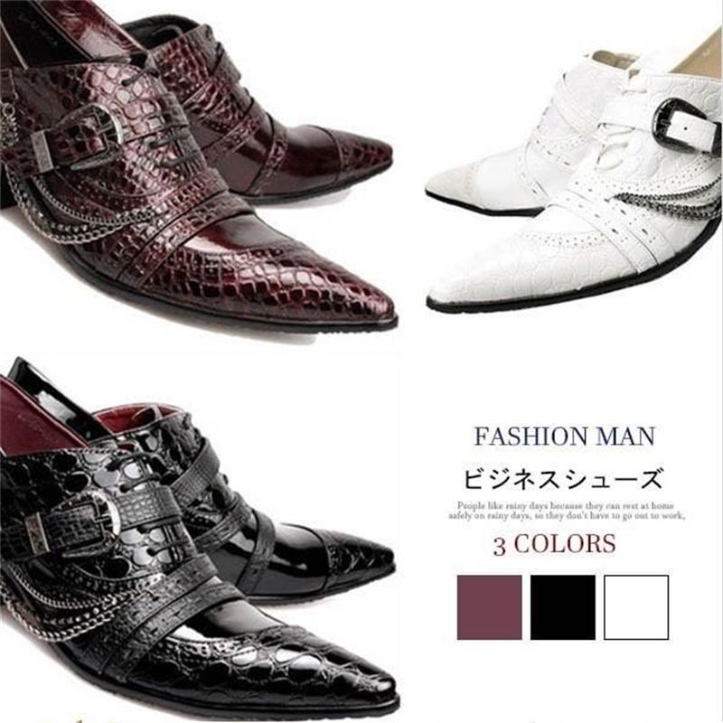 ビジネスシューズ メンズ ポインテッドシューズ ドレスシューズ リベット チェーン 革靴 紳士靴 ハイヒール 防臭 抗菌 軽量 通勤 滑り止め 大きいサイズあり