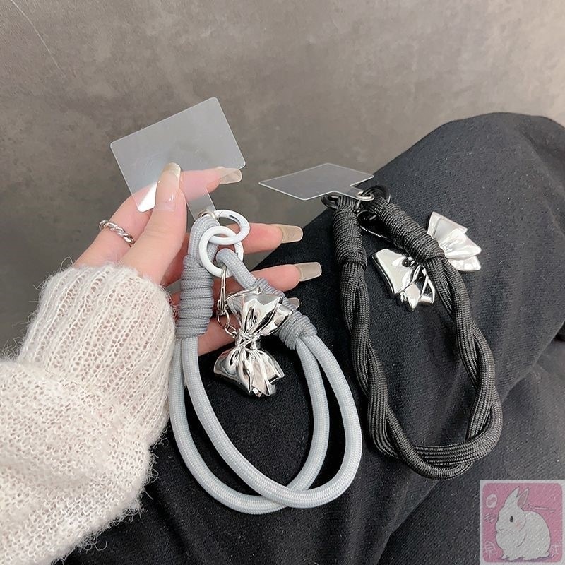 99日韓銀色蝶ネクタイ銀ボ携帯電話ケース吊りチェーン黒編み手首帯吊り紐ホル吊り鎖