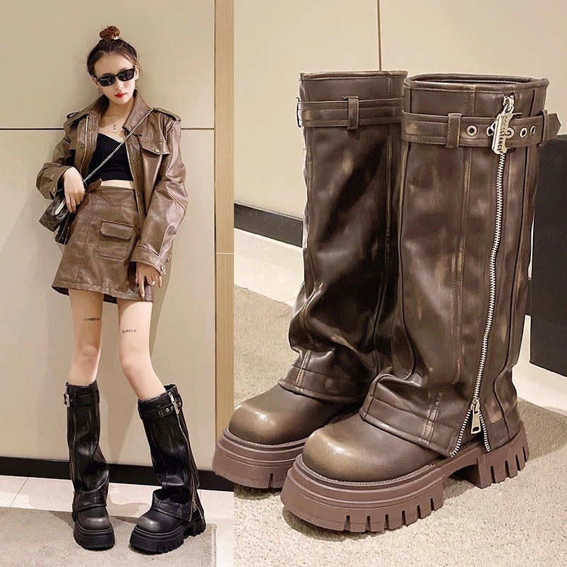 秋冬新型大人気 ブーツ ロングブーツ 厚底ブーツ 2024秋冬の外は柔らかい皮を着て古い色のベルトのバックルをします/レディース ブーツ 美脚 疲れない 痛くない 走れるブーツ 4,570円