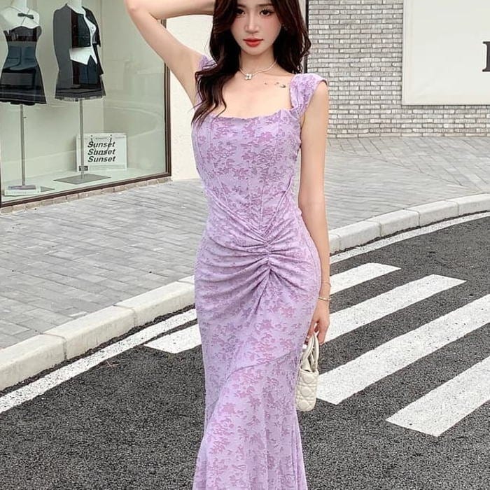 ワンピース 花柄 シャーリング キャミソール マーメイドライン ロング ワンピース ラベンダー 紫 レディース 大人 上品 きれいめ 大きいサイズ オシャレ 人と被らない 他と被らない 代 30代 7,380円