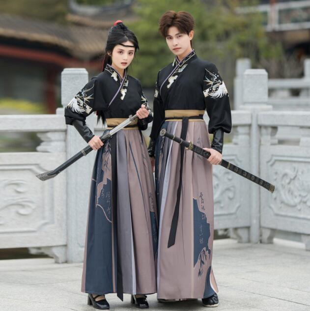 漢服 チャイナ服 中華コスプレ衣装 華流 ハロウィン衣装 メンズ レディース 大人 中国古代服装 中華服 交差襟ブラウス 袴風スカート エスニック タンチョウ刺繍 プリント 中国 古代 時代劇 コスチ