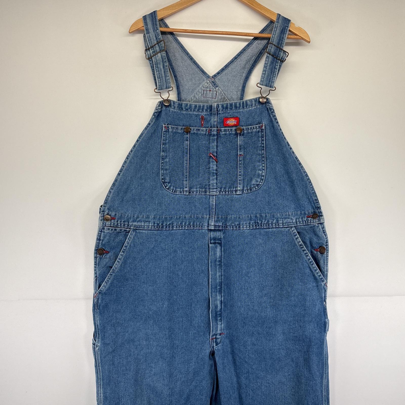 古着 オーバーオール デニム ワーク ワンポイントロゴ 大きいサイズ 胸ポケット w42 L32 ブルー メンズ