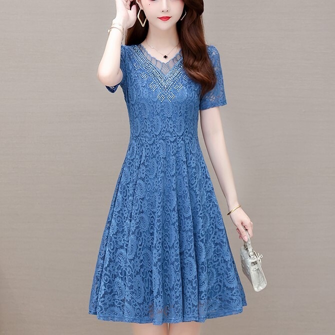 ワンピース レディース ワンピドレス フレアワンピース ミモレ ミモレ丈 半袖 Vネック フレア