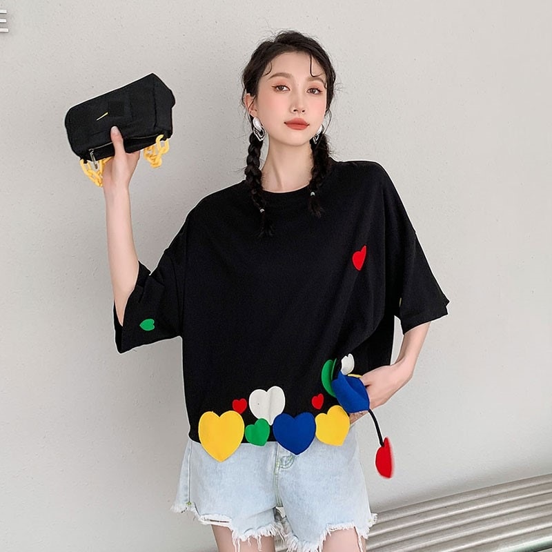 可愛い立体カラーフルハートTシャツ不規則若見え丸ネック半袖大きいサイズ
