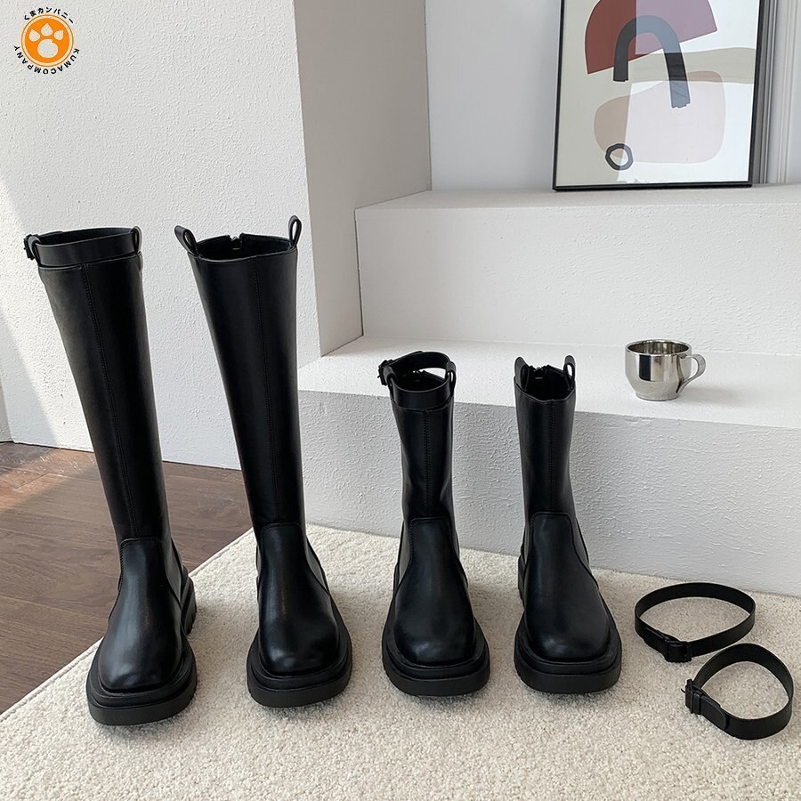 黒 ブーツ ジョッキーブーツ ロングブーツ 厚底靴レザーシューズ ラウンドトゥブー レディース