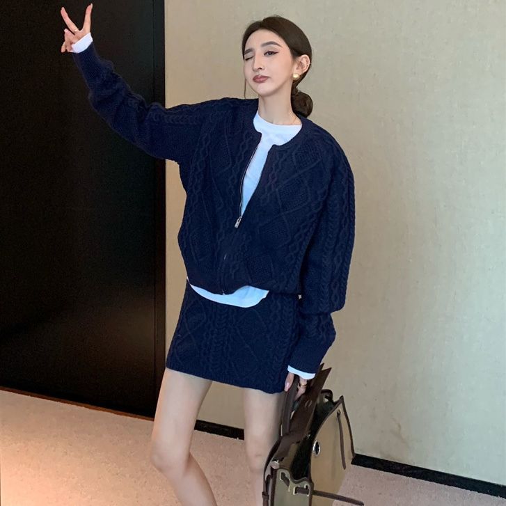 春秋の新作発売！韓国版ニットスーツ女性春秋2025 こなれ感 ニットセットアップ気質ジャンパー半身スカート2点セット 4,908円