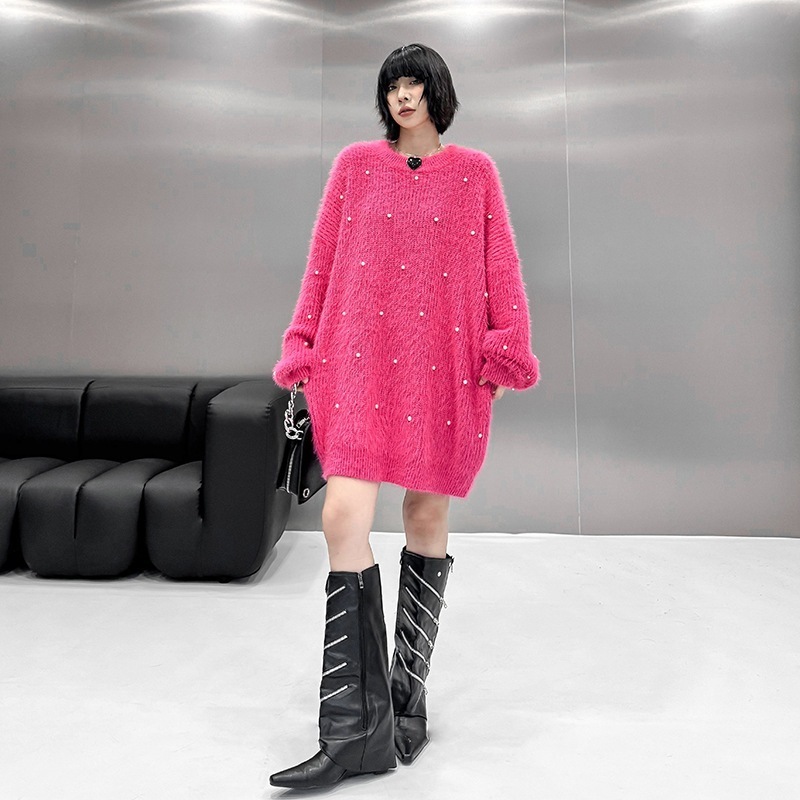 【J.Fashion】 ローズピンク ロングニット ピーズ飾り 欧美風 おしゃれ レディース セーター 関連商品購入可能 メガ割