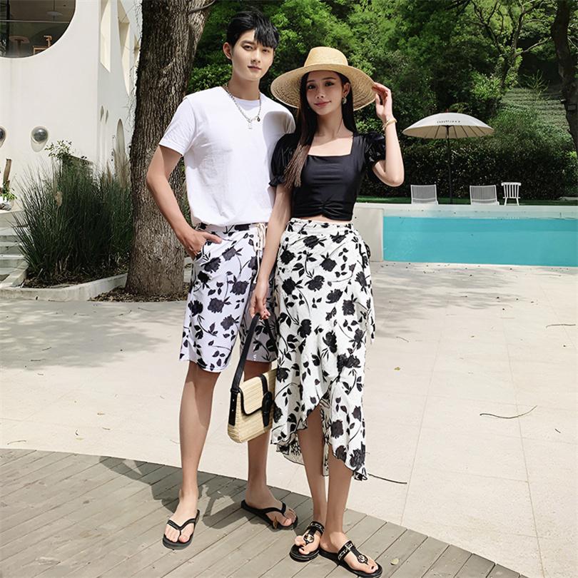 白黒 メンズ 男女ビーチウェア カップル水着 ショートパンツ レディース ビキニ 海パン 水着セット スカート 柄物 夏ペアルック サーフパンツ タンキニ