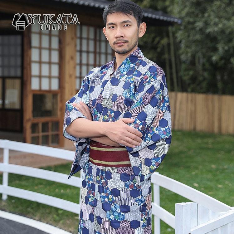 出荷が迅速である 独占販売 浴衣 メンズ 2点セット チェック柄 青 男性 男性用 紳士 和服 作り帯 ゆかた 夏服 ポリエステル浴衣 浴衣セット ギフト プレゼント かっこいい おしゃれ 人気 花