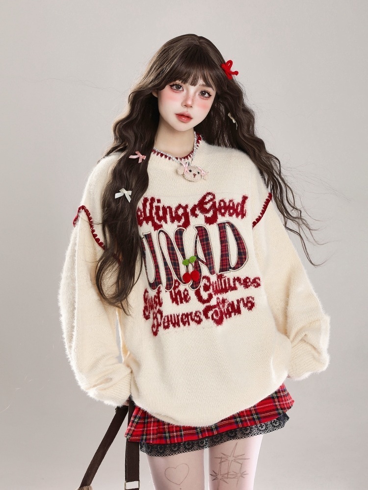 レディースプルゆったり春 サイズフェミニンゆったり 上品 韓国ニットトップスプリントストリートコルシルエットクルーネックファッション色っぽ女っぽカジュアル大人っぽ レイジースタイル長袖 秋冬 2025