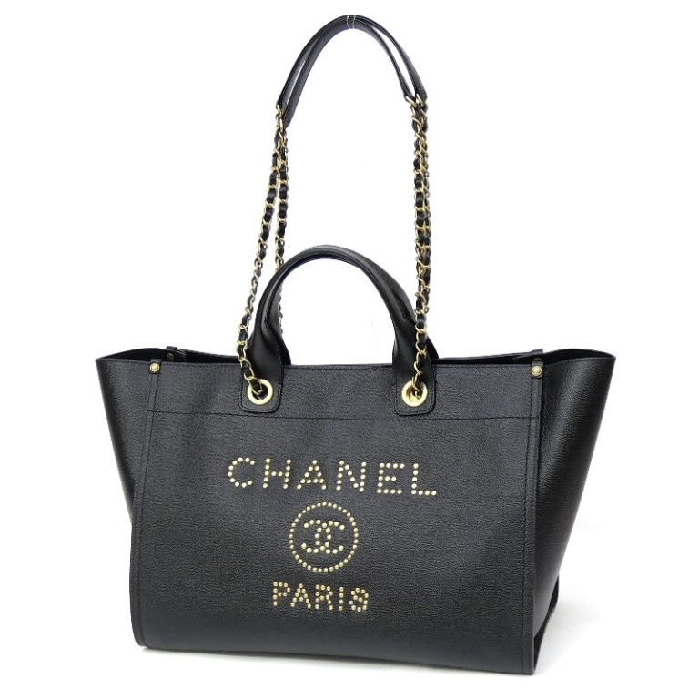 シャネル CHANEL ドーヴィル ロゴスタッズ トートバッグ 黒 【中古】(66698)