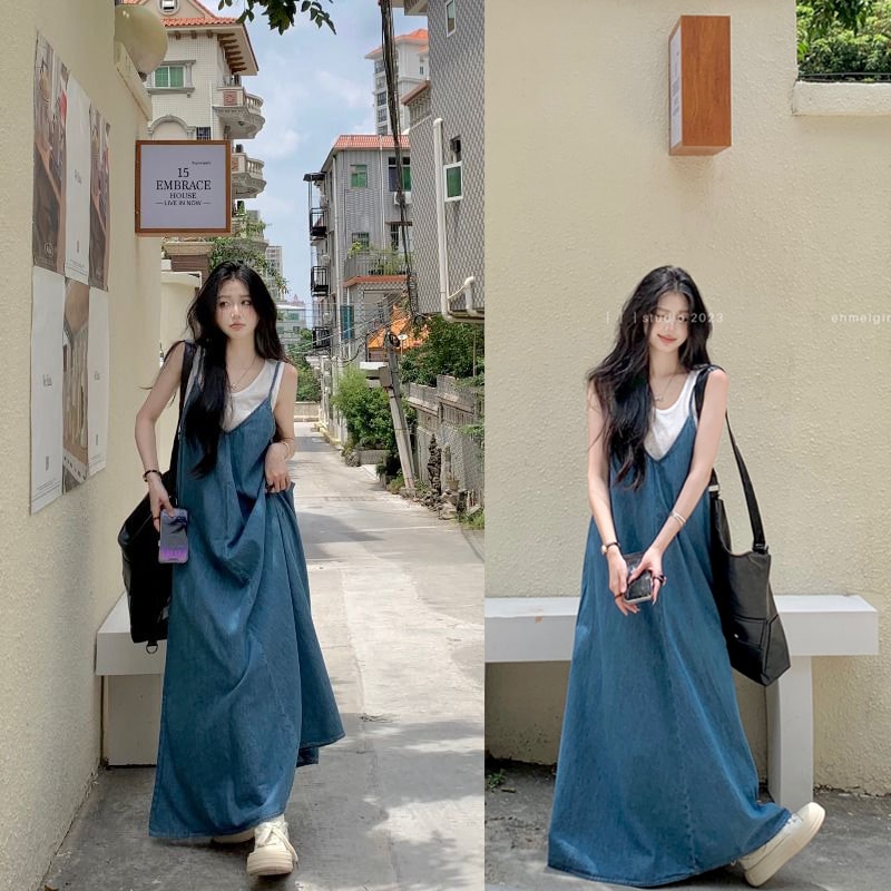 母の日 キャミワンピース 韓国ファッション ロングワンピース キャミワンピース ノースリーブ デニム 体型カバー ロングキャミワンピース デニムキャミワンピース