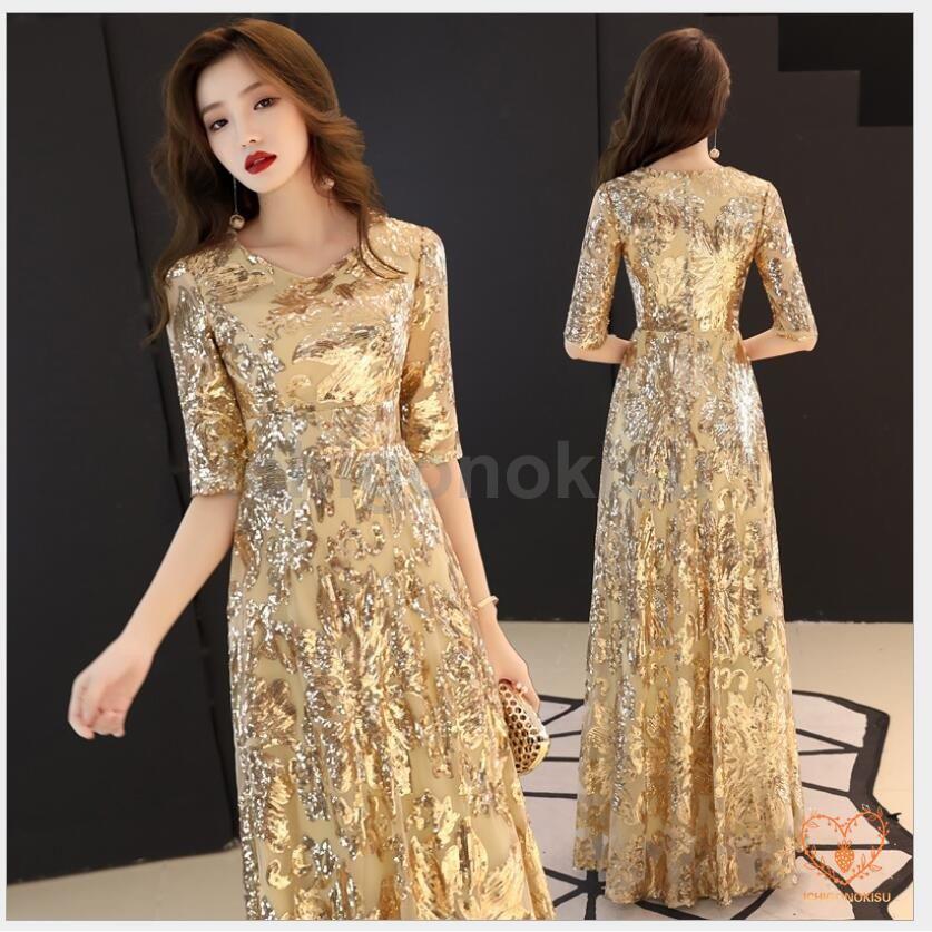 大ヒット中 ロングドレス フォーマルドレス パーティードレス 結婚式 Aラインワンピース 袖あり お呼ばれ 二次会 披露宴 謝恩会 おしゃれ 着痩せ 30代40代 発表会