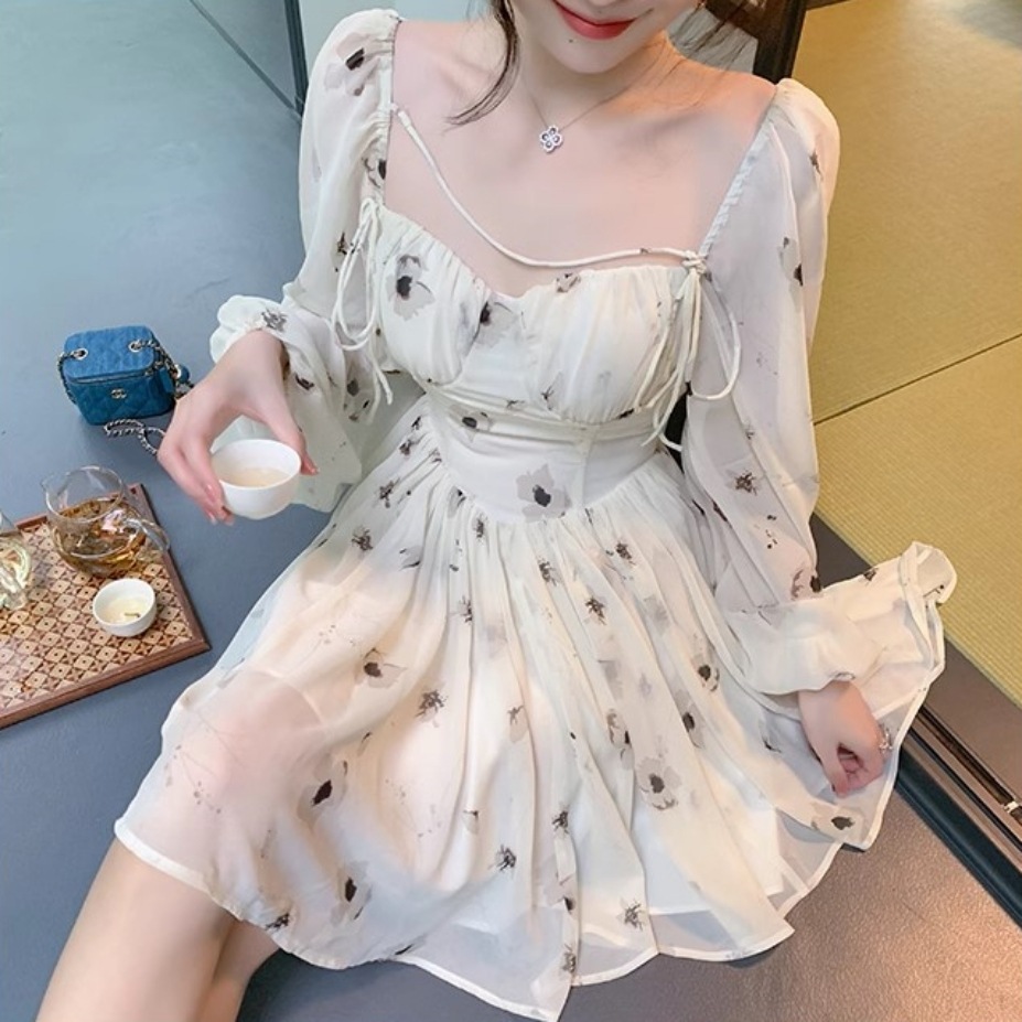 ワンピース ドレス レディース ワンピドレス レース 透け感 フレア シフォン Aライン デコルテ スクエアネック ミニ丈 膝上 長袖 花 フラワー ハイウエスト 色っぽい 大人っぽい