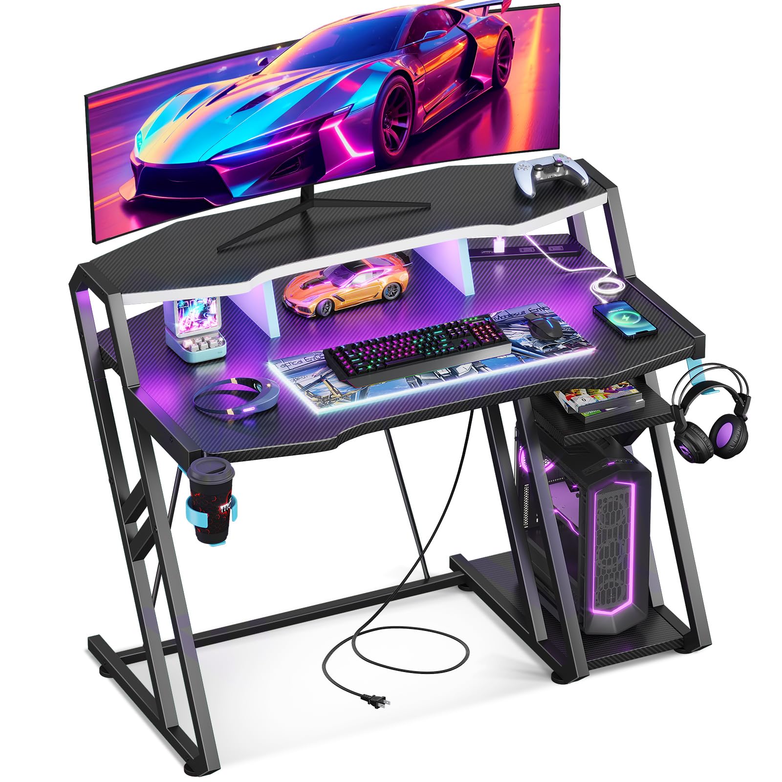 ゲーミングデスク パソコンデスク コンセント付き 幅100cm 安定丈夫 収納ラック2段付き デスク PCデスク オフィスデスク LEDライト モニター台付き カーボン調天板 ブラ 16464