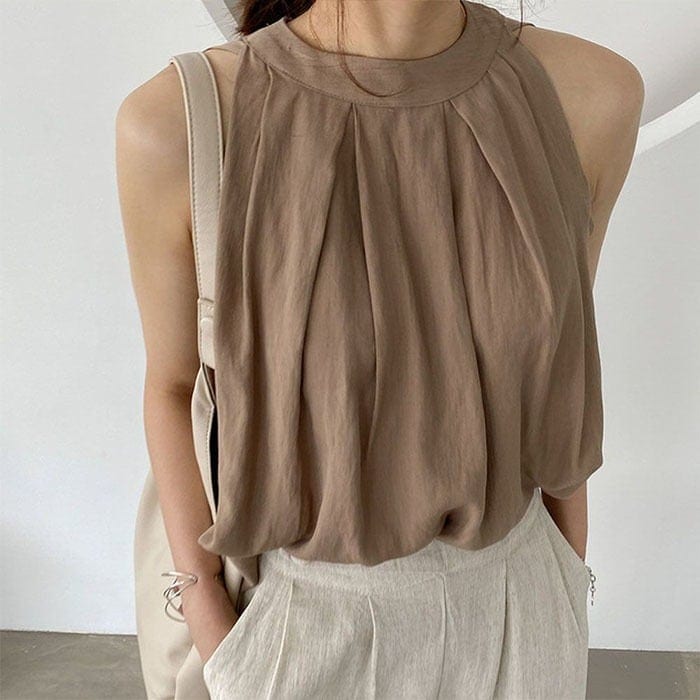 【急速出荷!】タンクトップ ブラウス ノースリーブブラウス夏 涼しい ギャザー ゆったりめ オーバーサイズ ック Uネック　セクシー 上品 トップス アメリカンスリーブ エレガント きれいめ ブラウン