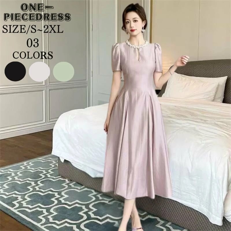 ワンピスドレス　フレアワンピース　ロング丈ドレス　サテン風半袖ワンピース　パール襟つき　パーティードレス　ナイトドレス　姫系　セクシー上品 大人 きれいめ キャバ嬢　お水　結婚式 20代 30代 40