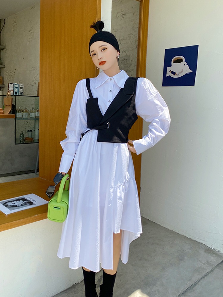 【セット】不規則ロングシャツワンピース＋スタラップベスト シャツワンピース ベスト ツーピース ２点