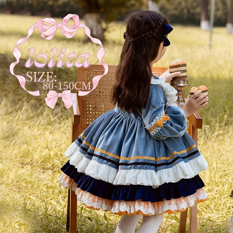 長袖 ロリータ ドレス 中世 貴族 コスプレ お嬢様 可愛い 幼稚園 コスチューム ネイビー ドレス 演出服 女の子 子供ドレス ワンピース メッシュ 蝶リボン ハロウィン 衣装 子供 フォーマル ワ