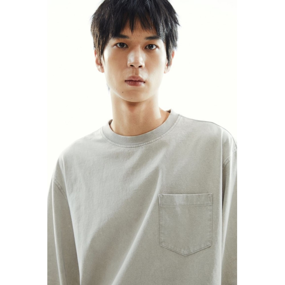 H&M ウォッシュルックジャージートップルーズフィットダスティグリーン