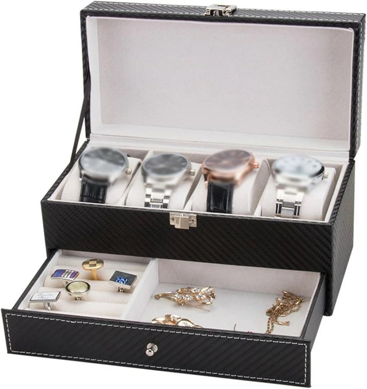 腕時計収納ケース アクセサリー収納ケース 腕時計収納ボックス コレクションケース PUレザー ジュエリーケース 高級腕時計ケース 展示ケース ギフト リング ピアス収納 2層 カーボンファイバー仕上げ
