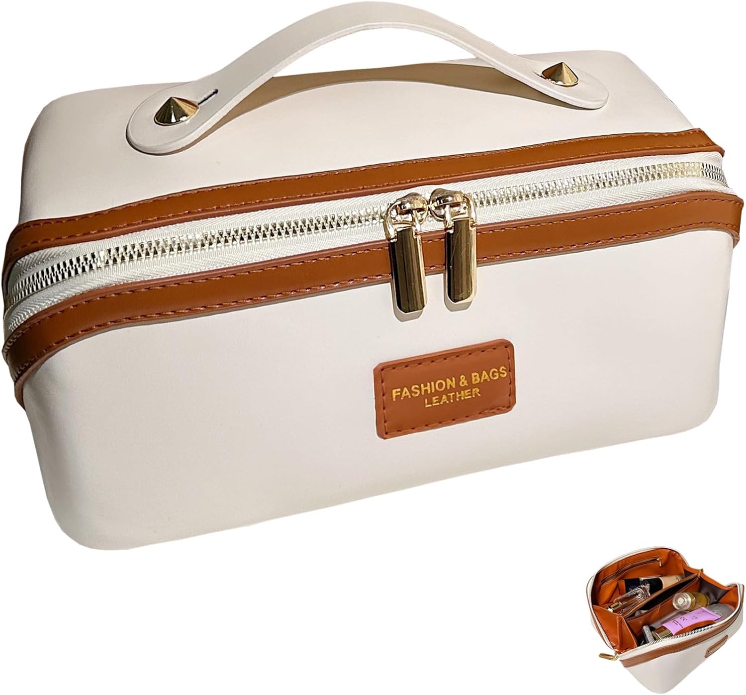 ポータブル化粧ポーチ 大容量 女性用 PUレザー ダブルメタルジッパー 大きな開口部 ハンドル付き 仕切り付き バイカラーホワイト