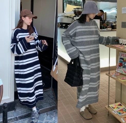 ニットワンピース 厚手 ロング丈 フリル 体型カバー 着痩せ ボーダー柄 シンプル大きいサイズ レディース 秋冬 結婚式 きれいめ タイト フォーマル 大人 上品 チュニック one-piece