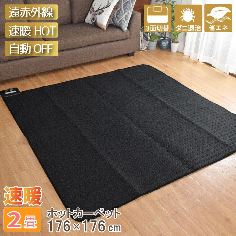 ホットカーペット 本体 遠赤外線 単品 2畳 約176x176 cm 多機能搭載 ダニ退治 マイコン制御 オフタイマー付き 省エネ 3面切り替え コンパクト収納 16折 無地 電気カーペット