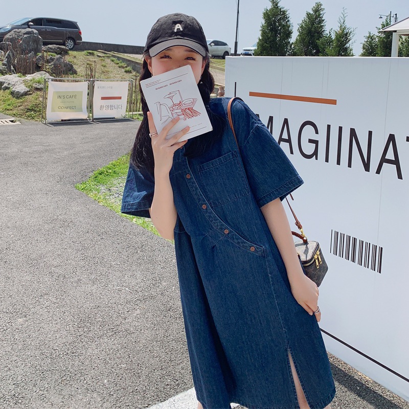 港風レトロデニムワンピース夏の新作小人数デザイン感斜め襟ゆったりシャツスカート