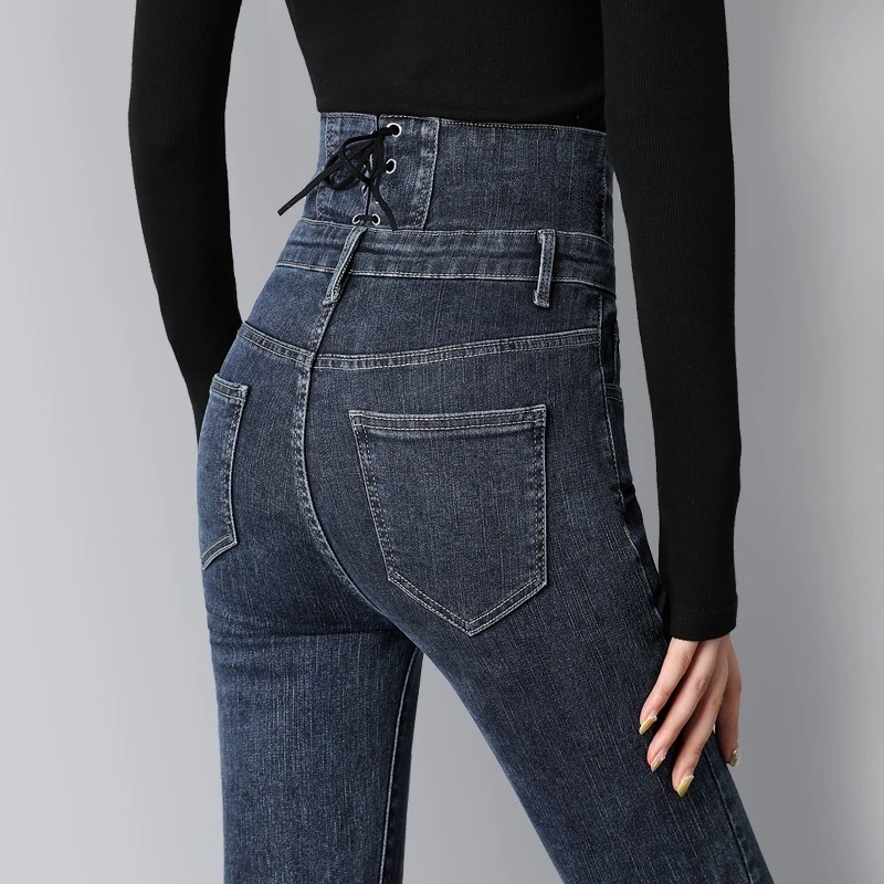 小さな足ジーンズ女性薄い春春冬春新作ハイウエストデザインセンスl弾性タイトな鉛筆のズボンの何百もの