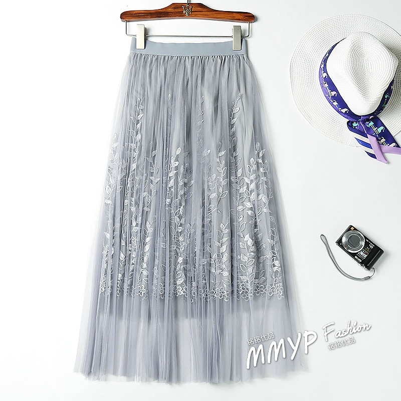 3103.刺繍レースプリーツロングスカート（ブルーグレー）
