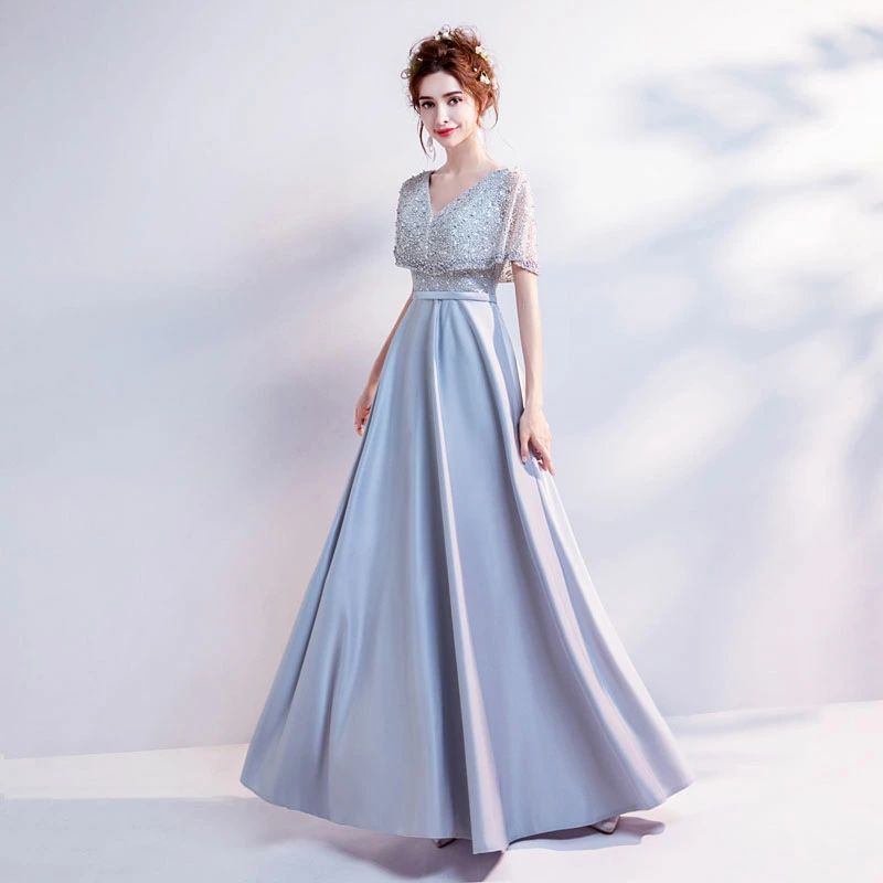 店長おすすめ】カラードレス ロングドレス グレー 二次会 パーティードレス 花嫁 Bridesmaid dress blue 真珠 ウェディングドレス ンサート 披露宴 結婚式 演奏会 ステージ衣装