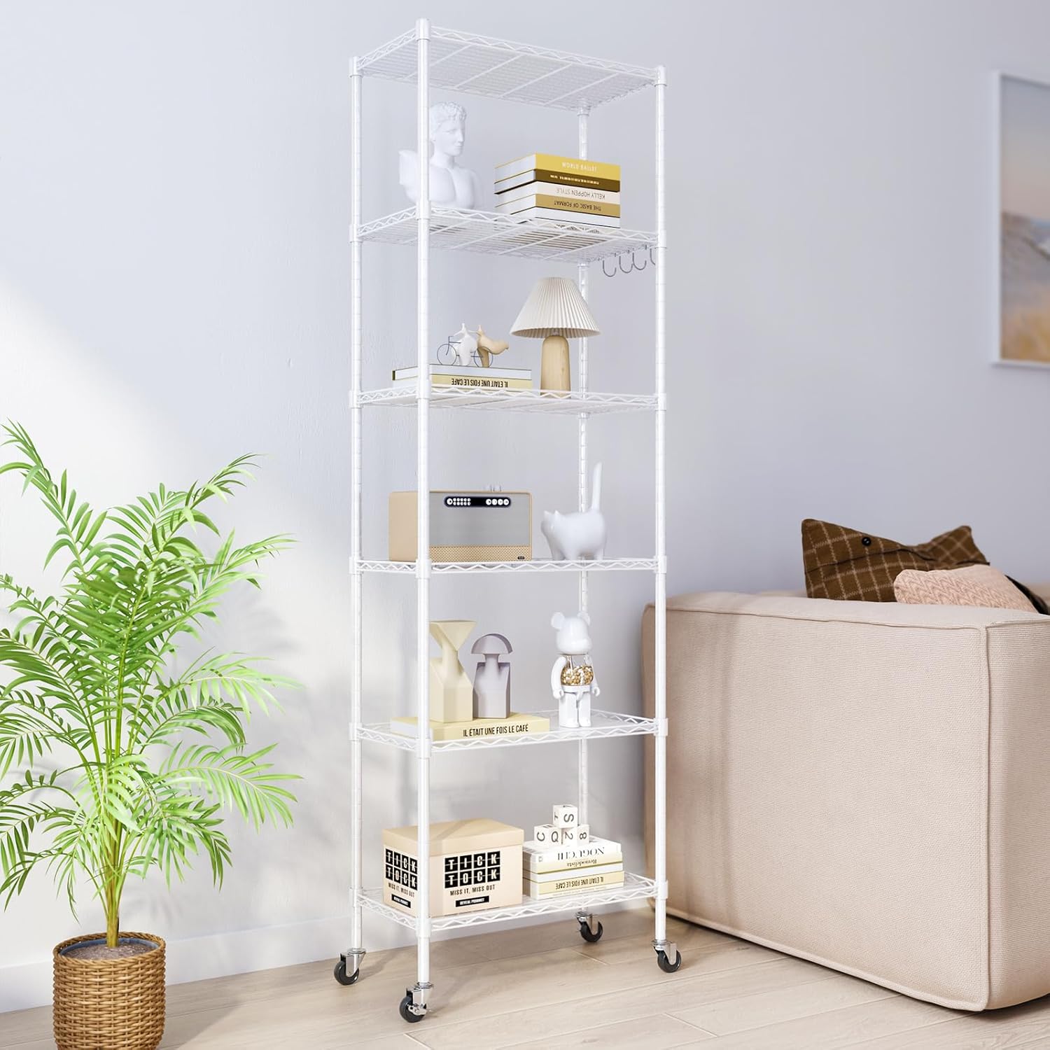 NATRKE メタルラック 6段 ホワイト キャスター付き スチールラック スチールシェルフ ワイヤーラック 置物架 大容量 防錆 傷つきにくい おしゃれ 省スペース棚 耐荷重240kg 幅54×奥行