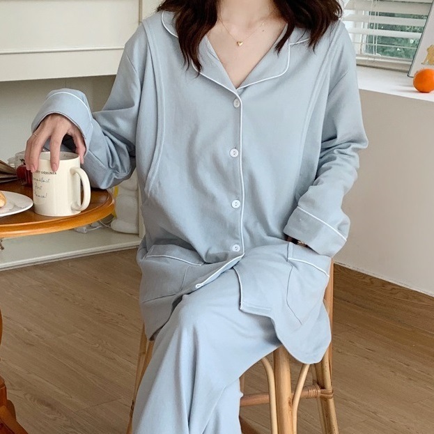 【日本未発売/送料無料】マタニティ パジャマ Vネック パイピング シャツ 長袖 前開き