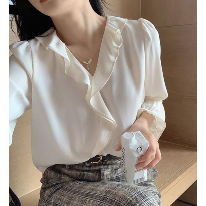 大人可愛い 無地 フリルブラウス ブラウス レディース トップス 長袖 春秋 フリル シャツブラウス ラッフルフリル オフィス オフィス OL S M L XL 2XL 大きいサイズ オフホワイト