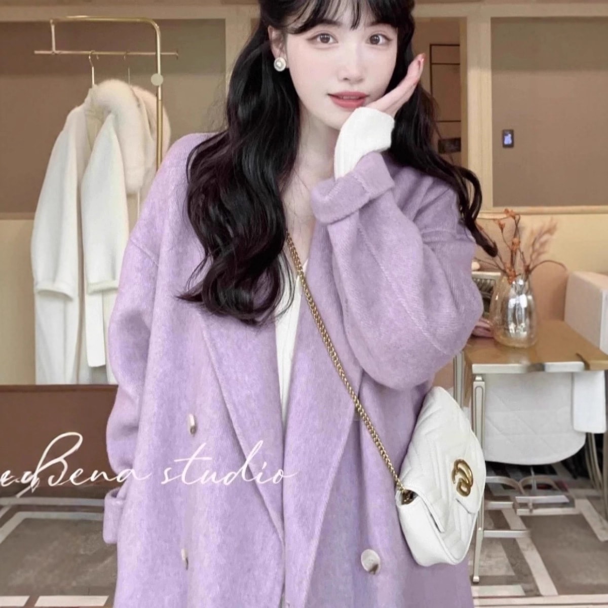 2025秋冬新作 ライトパープル 両面ウールコート レディース ミディアムロング ゆったりコート レディース
