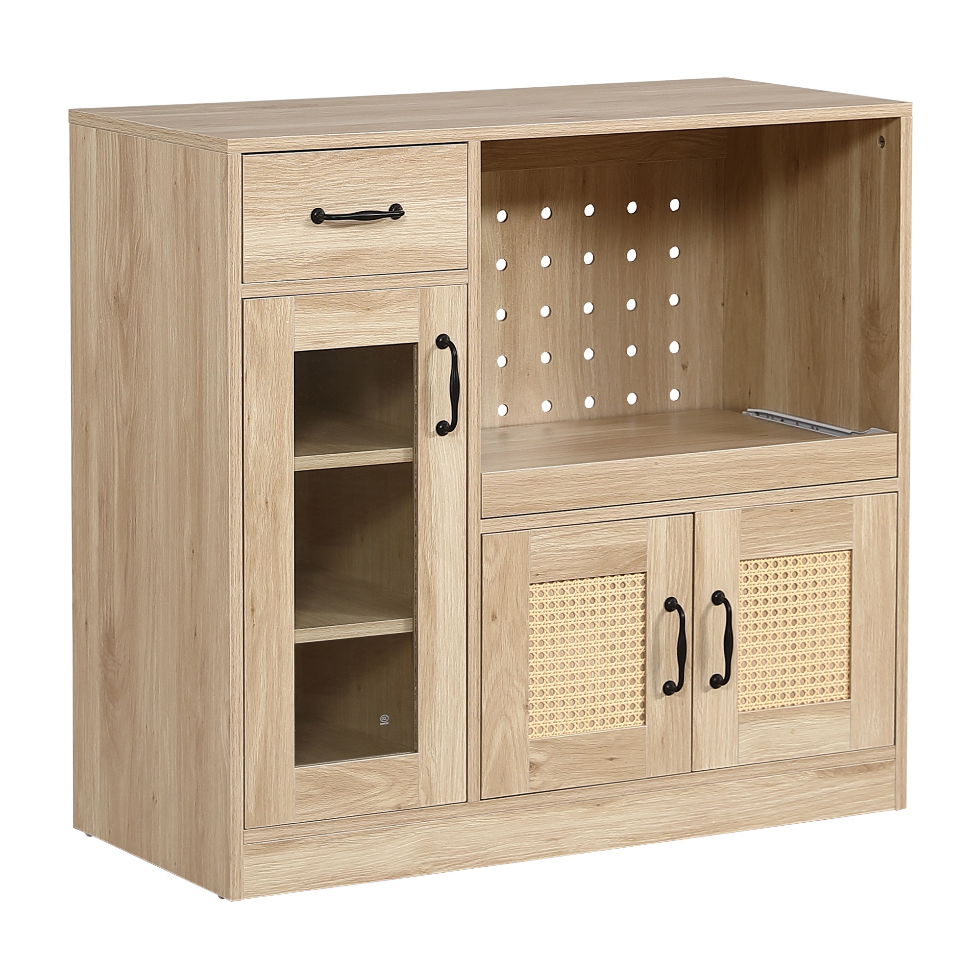 【国内倉庫在庫急速出荷】キッチンカウンター 食器棚 キッチンキャビネット レンジ台 キッチン収納 幅88cm ラタン調 引き出し付き 扉付き スライドレール ロータイプ キッチンラック レンジボード