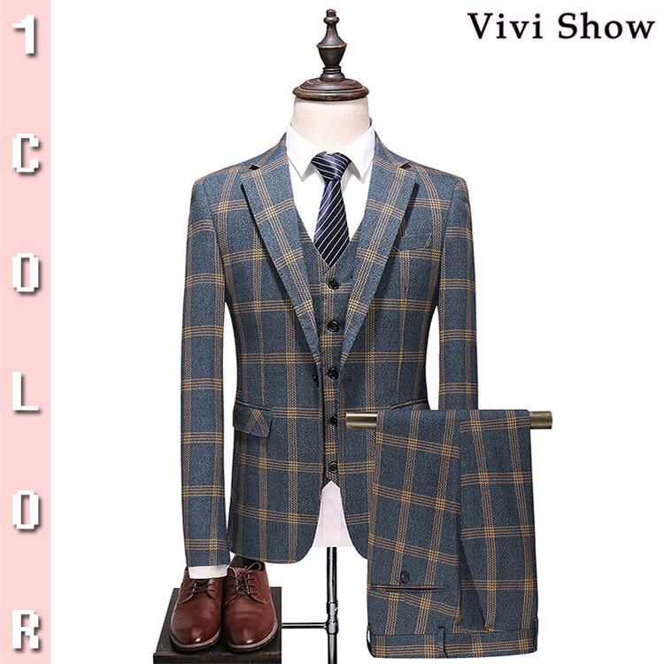 ビジネススーツ　メンズ スリーピーススーツ3ピーススーツ　３点スーツセットアップ チェック柄　スーツセット セットアップ 細身 紳士服 結婚式