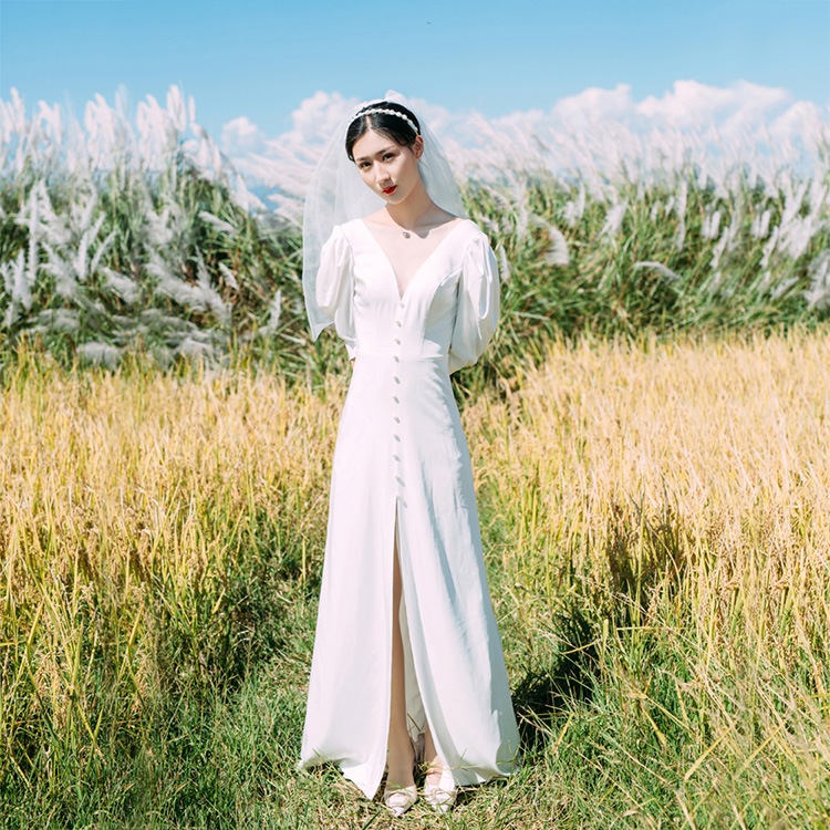 ウェディングドレス 長袖 二次会 結婚式 花嫁 ブライダル Vネック 演奏会 披露宴 ロング ウエディングドレス 発表会 コンサート 大きいサイズ 袖あり フォーマル 前撮り パーティードレス 海外挙ドレス