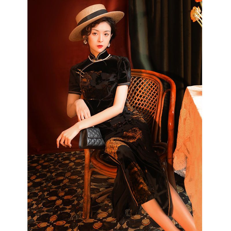 洗練されたベルベットの大きいサイズのチャイナドレス春夏レトロ宴会ドレス改良版