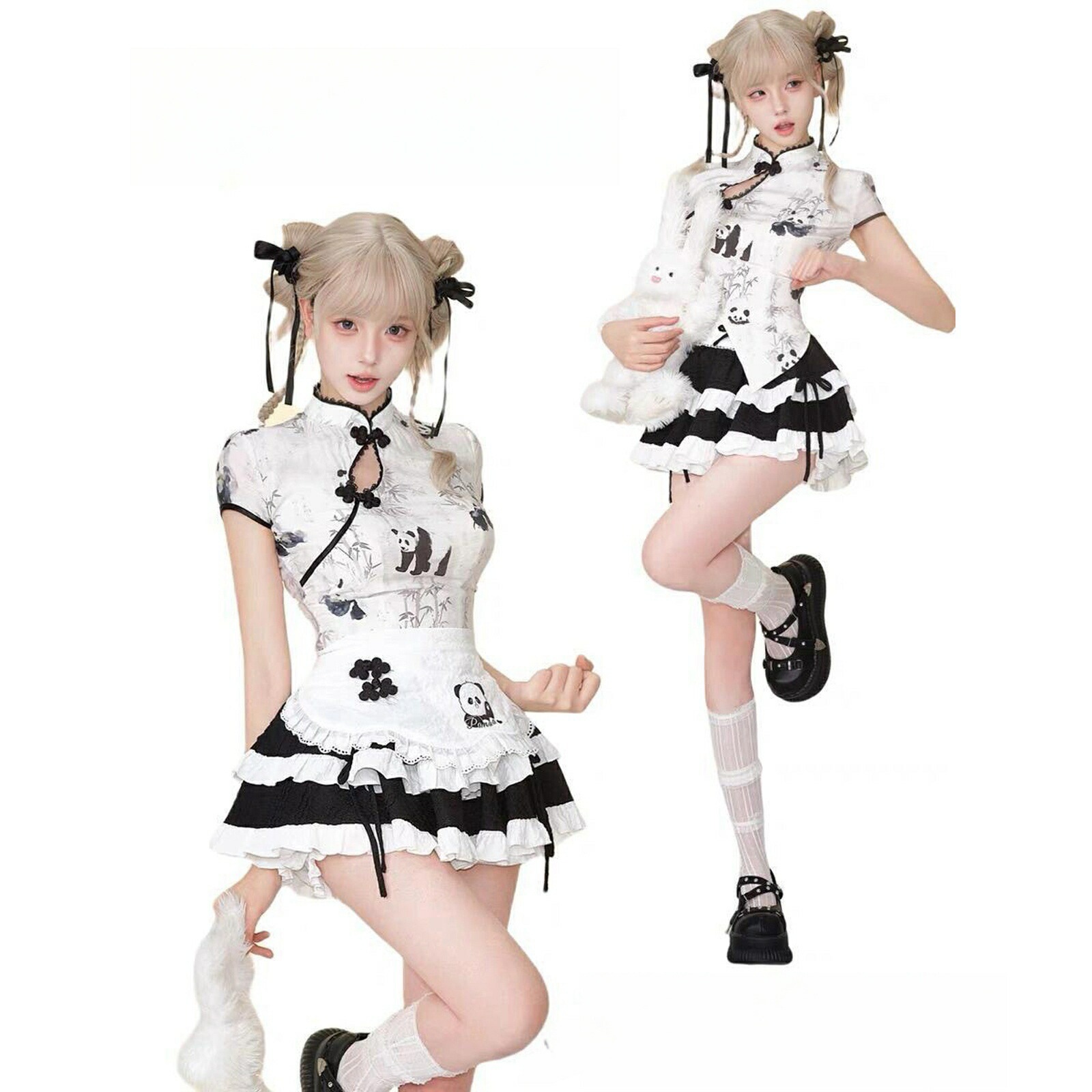 ワンピース ロリータ 中華風 チャイナドレス風 ゴスロリ透け感 中華姫 ドレス 女の子 パンダ立て襟ボタン付きトップス ハイウエスト レイヤードスカート メイド服セット 超可愛い イベント ハ