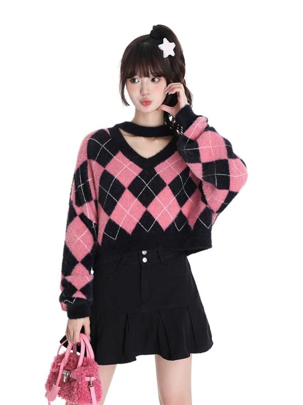 レディース トップス ニット オシャレ 韓国 スタイル カワイイ カジュアル セーター カーディガン 長袖 ニット 秋 冬 インナー デザイン ルーズ カラー ブロック ひし形 V ネック スリム シ 7,301円