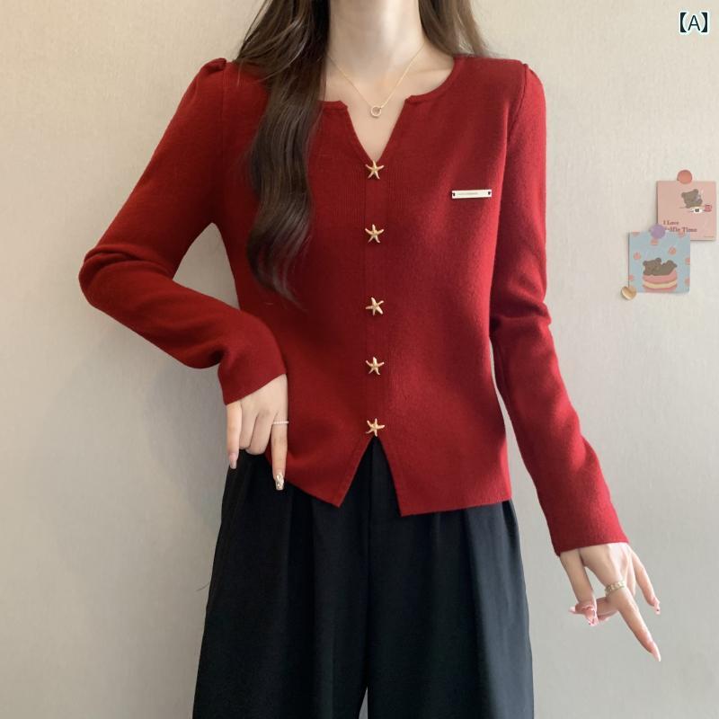 春秋 女性用 赤 Vネックニットカーディガン 女子用 大きサイズ スリム 豪華 トップス 美し セーター